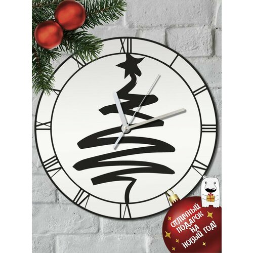 Настенные деревянные бесшумные часы Новый год Ёлка (минимализм, звезда) - 6107