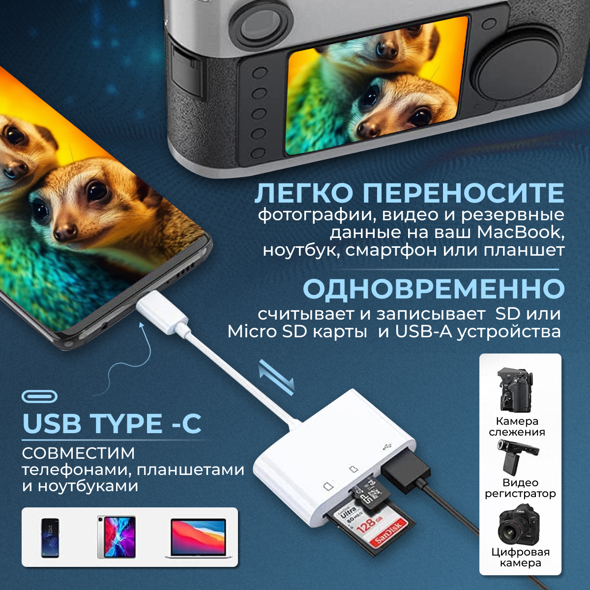 Картридер 4 в 1 универсальный USB Type C Micro USB, устройство для чтения SD-карт памяти, U-диск, OTG адаптер, конвертер для планшетов