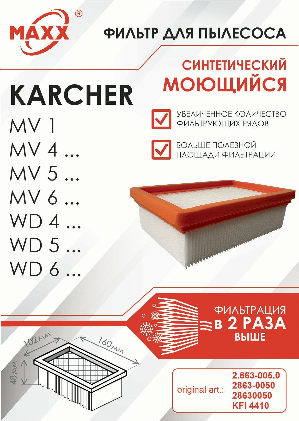 Плоский складчатый фильтр синтетический моющийся для пылесоса Karcher серий MV 4 MV 6 и WD 4 WD 6 (KFI 4410)