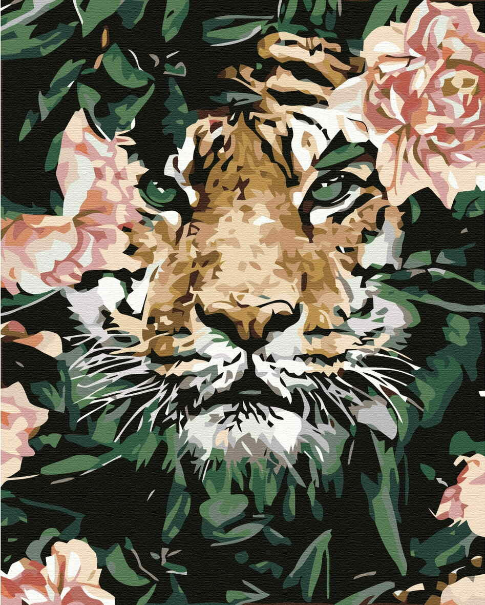 Роспись по холсту(картина по номерам 40х50) "Тигр в розах"