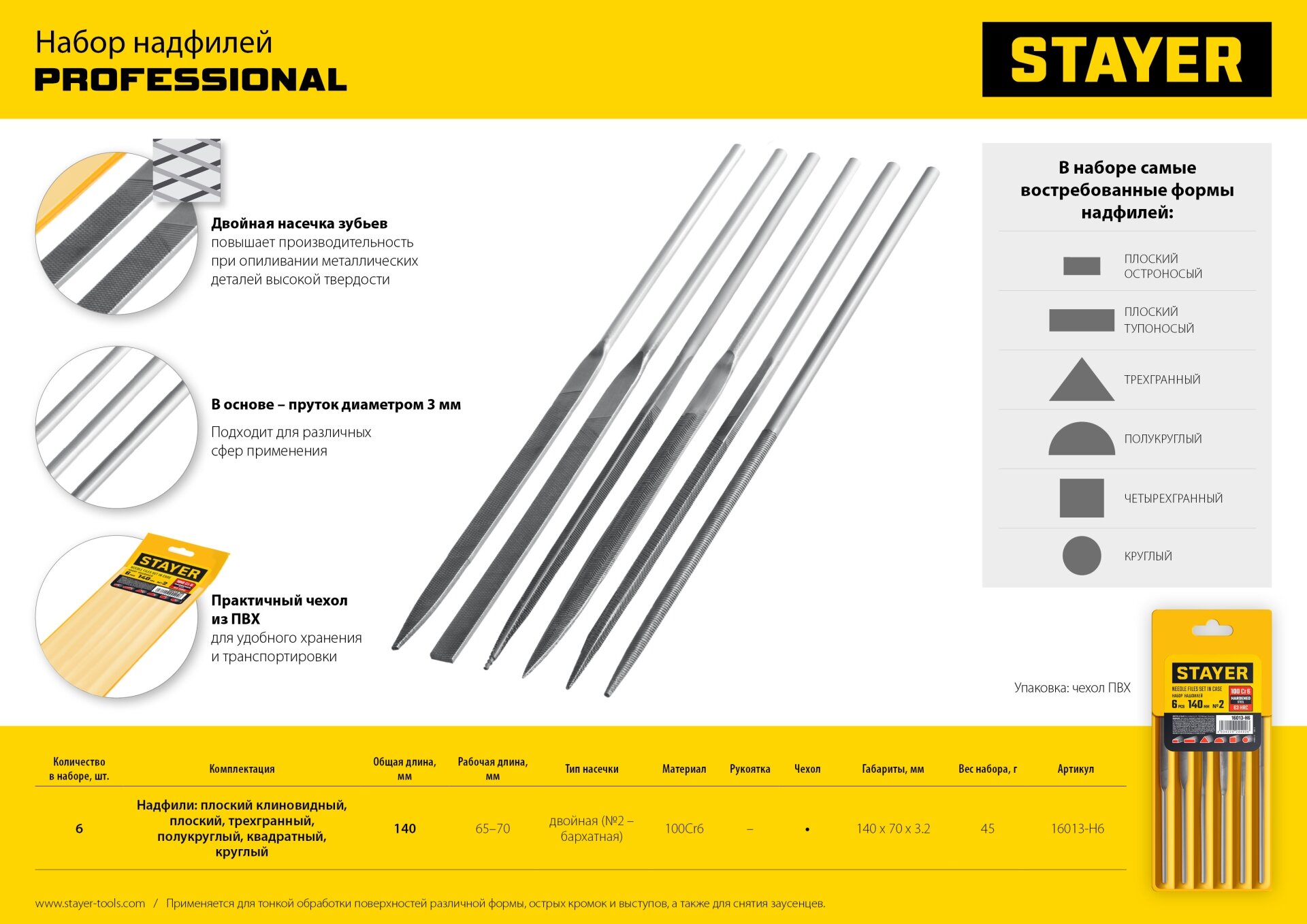STAYER 6 шт 140 мм, в чехле, Набор надфилей (16013-H6)