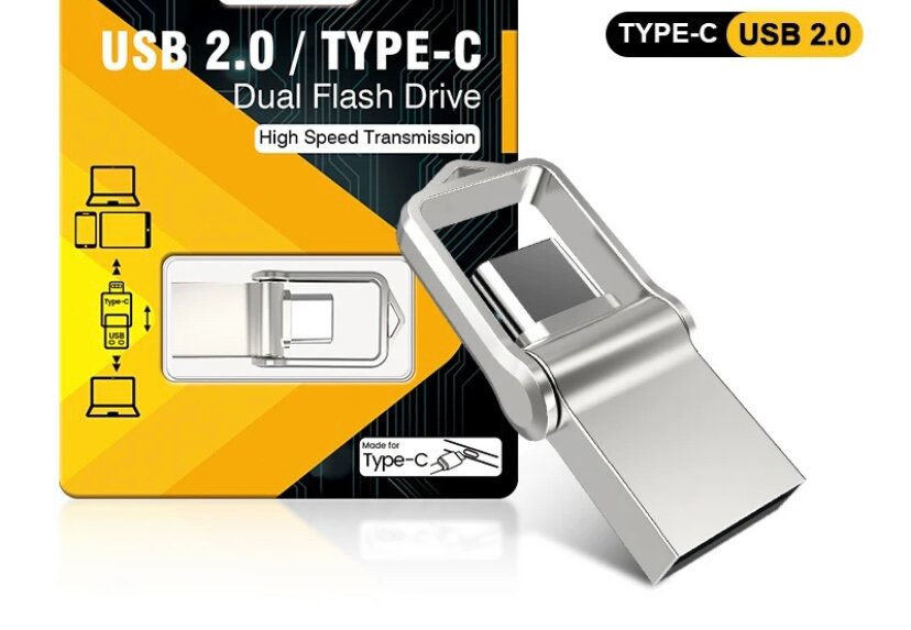 Флеш-накопитель 2-в-1 USB 2,0/Type-C 128Гб для телефона и ПК серебристый