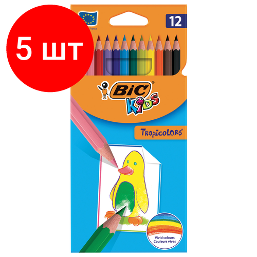 Комплект 5 шт, Карандаши цветные BIC Tropicolors, 12 цветов, пластиковые, заточенные, европодвес, 8325666 карандаши цветные bic kids tropicolors 18 цветов