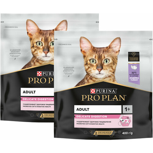 корм для взрослых кошек purina pro plan opti light с индейкой 1 5 кг PRO PLAN CAT ADULT DELICATE TURKEY для взрослых кошек с чувствительным пищеварением с индейкой (0,4 + 0,4 кг)