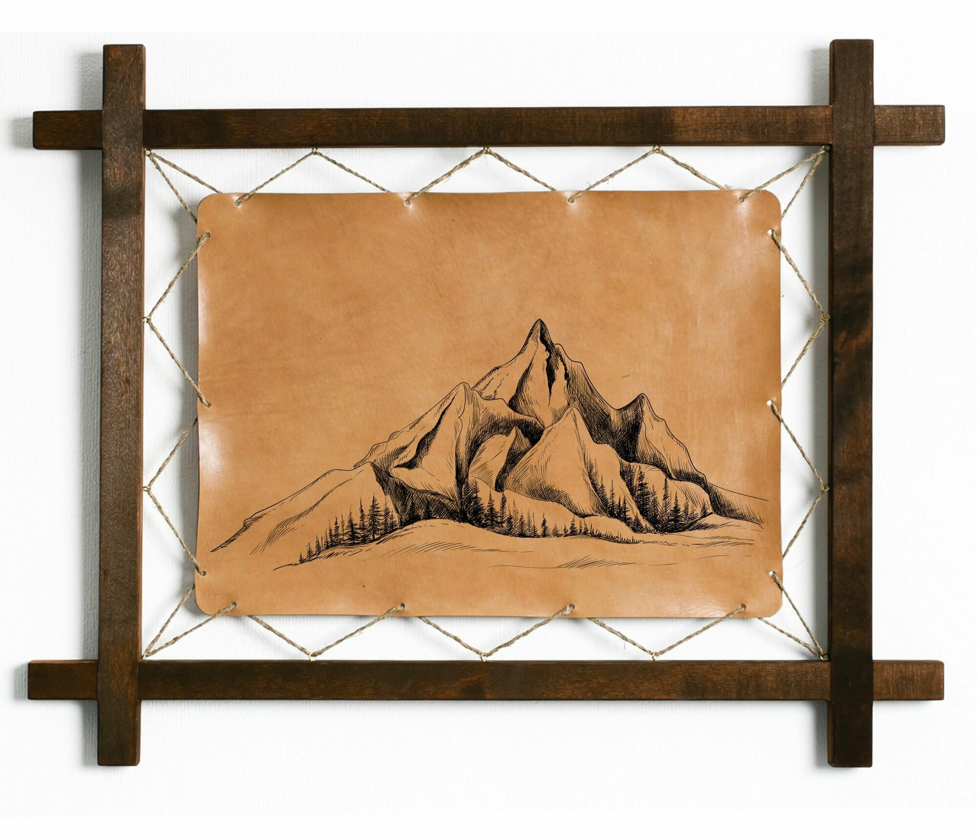 Картина Горы, гравировка на натуральной коже, интерьерная для украшения и декора на стену в деревянной раме, подарок, BoomGift