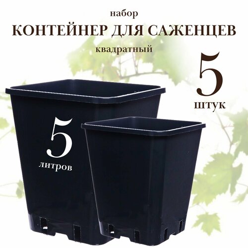 Горшок для растений 5 литров, квадратный 18 х 18 см, h 21 см, набор 5 штук, контейнер пластиковый для цветов, для саженцев