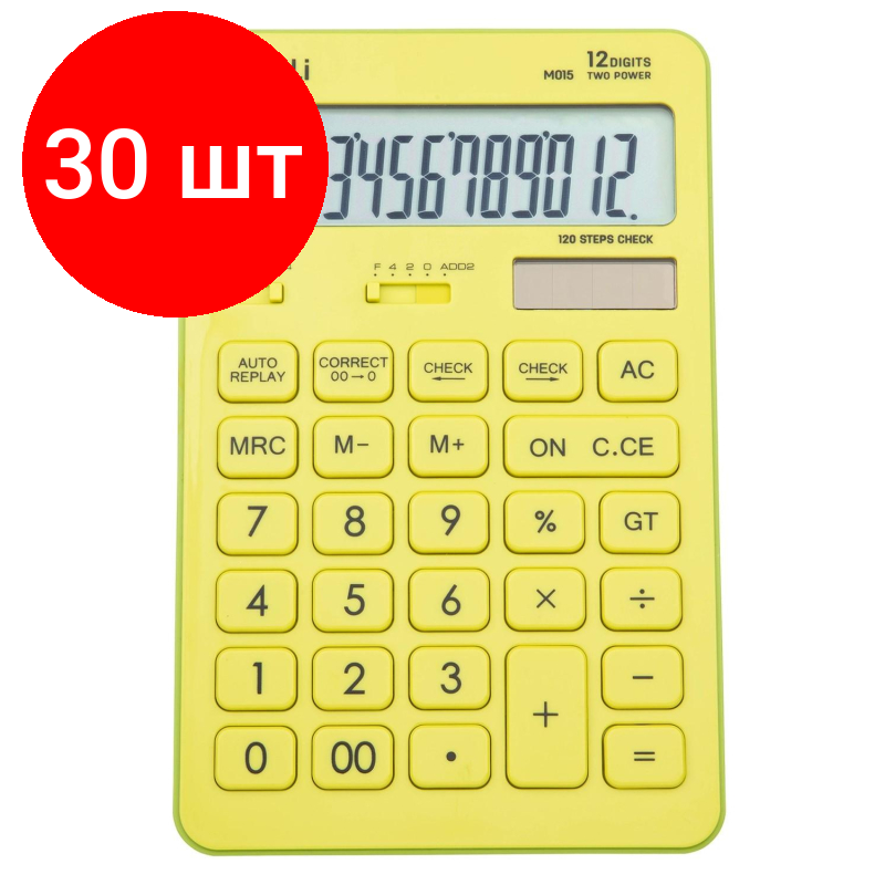 Комплект 30 штук Калькулятор настольный полноразм. Deli EM01551 12-р дв. пит175х108мм желт