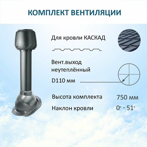 Комплект вентиляции: Колпак D110, вент. выход высотой 110 не утепленный, для скатной кровли Каскад, серый комплект вентиляции колпак d110 вент выход высотой 110 не утепленный для скатной кровли каскад коричневый