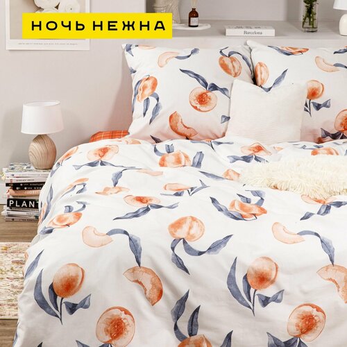 Комплект постельного белья Ночь Нежна Сочный персик, 2-спальное с европростыней, хлопок, orange