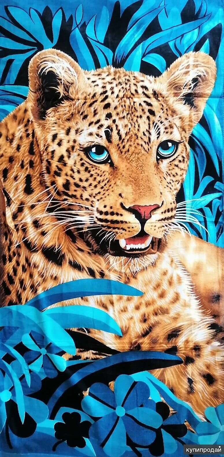 Полотенце пляжное, для бассейна, для ванны, для бани и сауны, для спорта, в подарок махрово-велюровое Леопард в джунглях 70х140 см