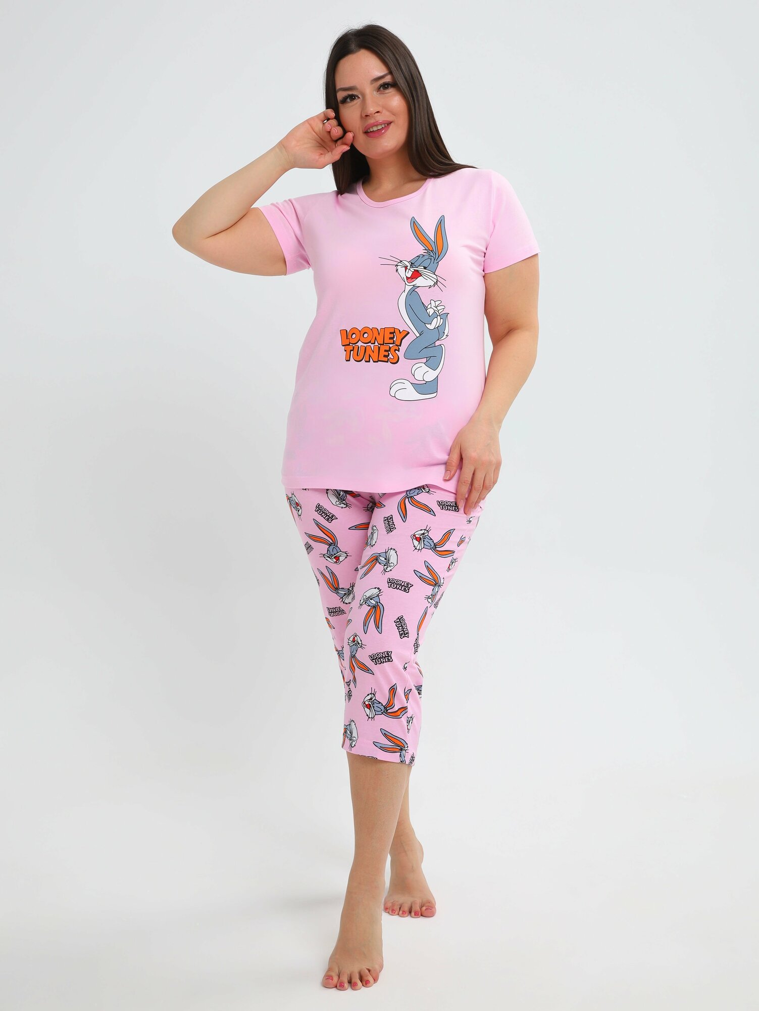 Пижама женская с бриджами хлопок домашний костюм Кролик розовый 54р - фотография № 3