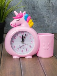 Часы настольные с будильником и подставкой для канцелярии Rainbow unicorn pink
