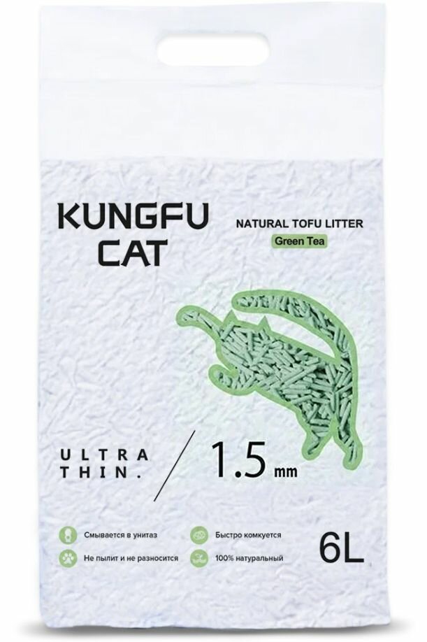 Наполнитель для кошачьего туалета Kungfu Cat, Тофу (Tofu) комкующийся с ароматом зеленого чая, 2,6 кг 6 л