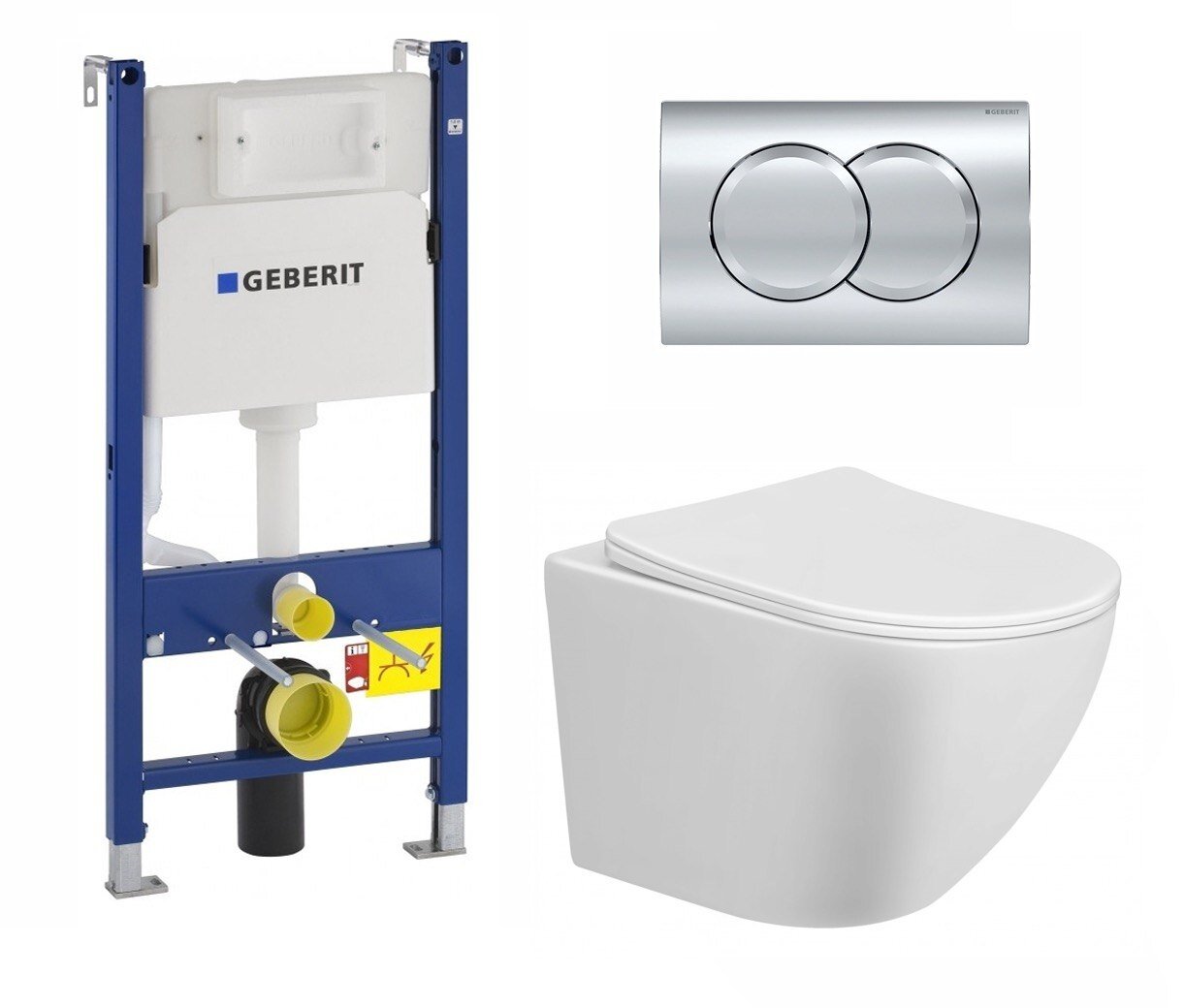 фото Комплект 3 в 1 инсталляция Geberit Duofix + Унитаз подвесной Taliente Amato AM25010 безободковый с микролифтом, белый + кнопка хром Delta01