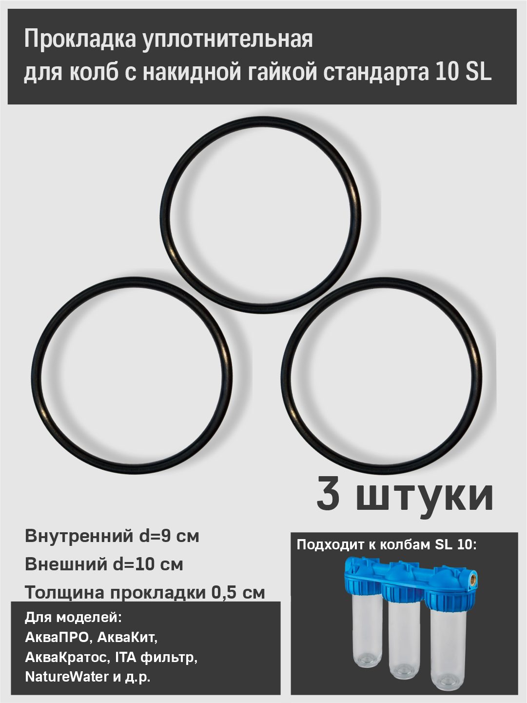 Уплотнительное кольцо (прокладка) для корпуса фильтра стандарта 10 SL с накидной гайкой аквапро, Raifil , Aqua kit, ITA filter и др. 3 штуки комплект