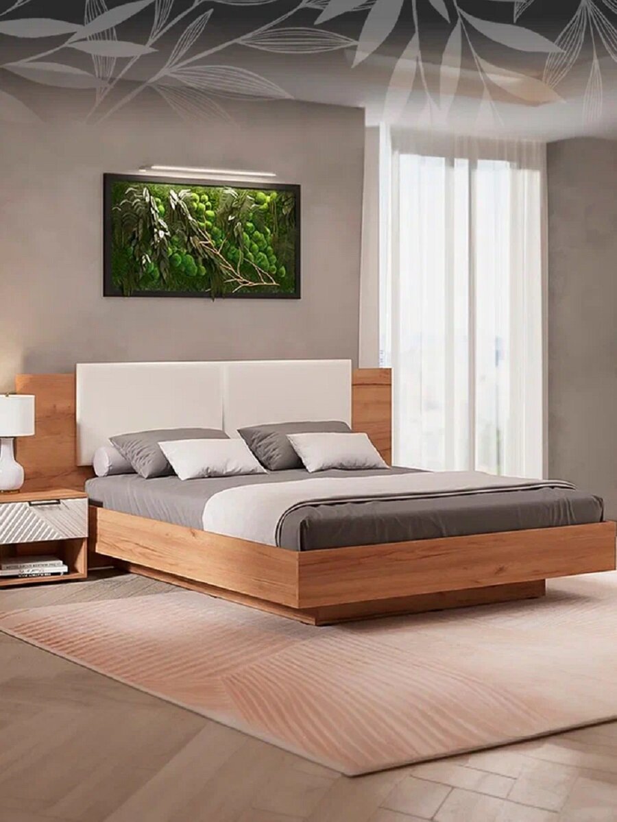 фото Кровать двуспальная с мягким изголовьем Леон 160х200 см, софт грин/дуб бунратти