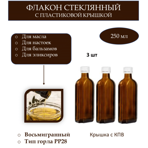 Флакон 250 мл восьмигранный в комплекте с пластиковой крышкой с запорным конусом. Набор 3 штуки.