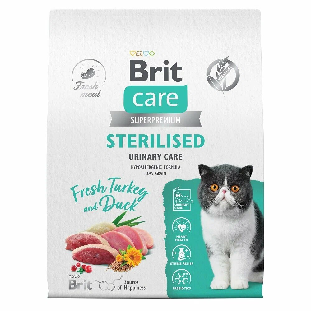 Сухой корм BRIT CARE Cat Sterilised Urinary Care для стерилизованных кошек профилактика МКБ с индейкой и уткой 7 кг