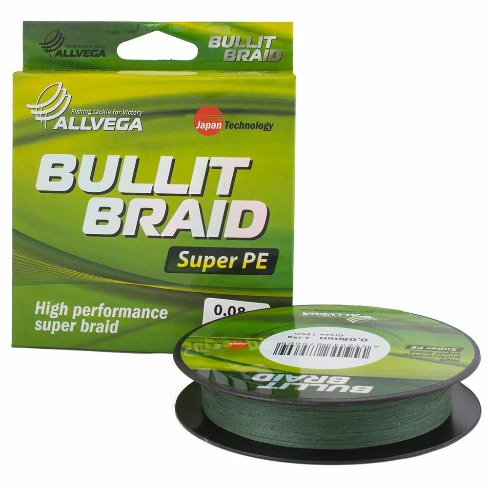 Плетеный шнур Allvega Bullit Braid 135м 0,12мм 7,1кг, темно-зеленая