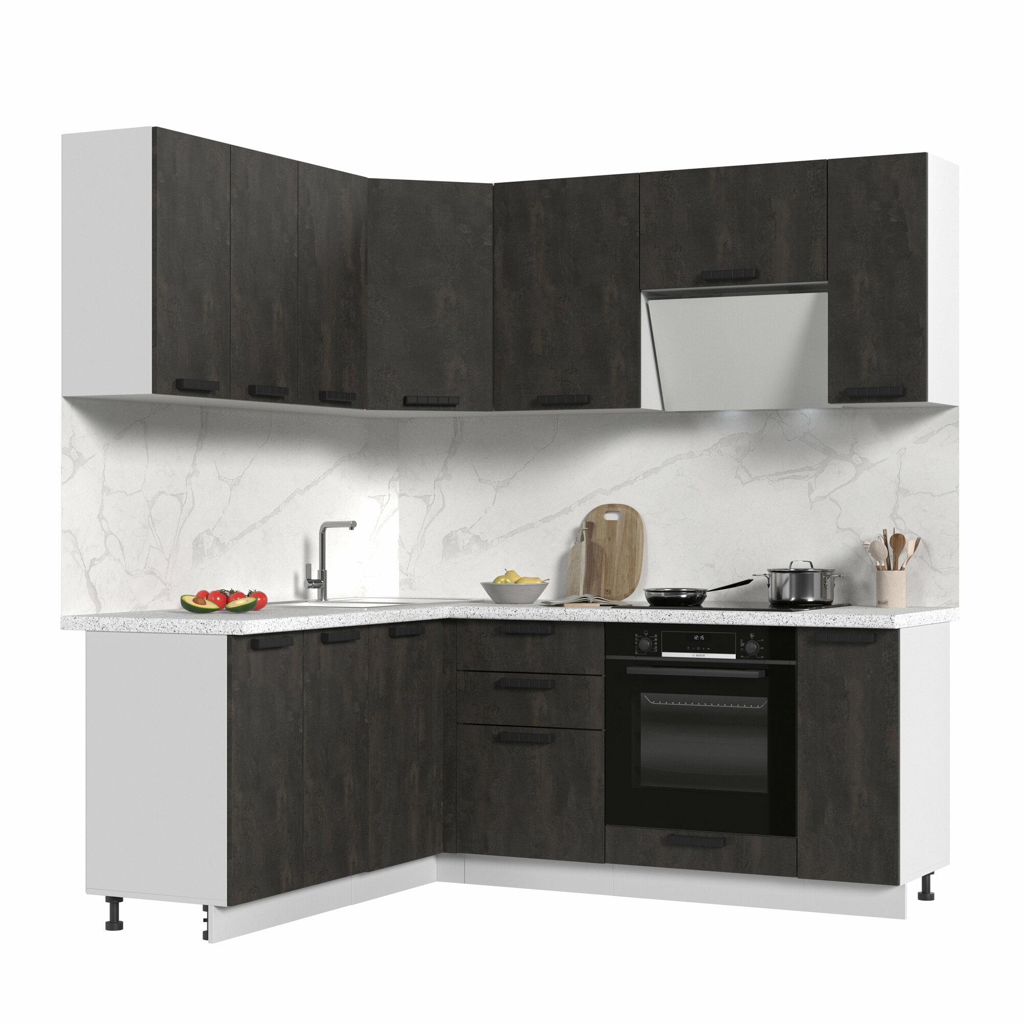 фото Кухонный гарнитур угловой, столешница Сахара 26мм, Пасаденна, 170х200см Белый/Шелковый Камень