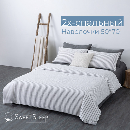 Комплект постельного белья Sweet Sleep 2 спальное вареный хлопок, черно-белая полоска