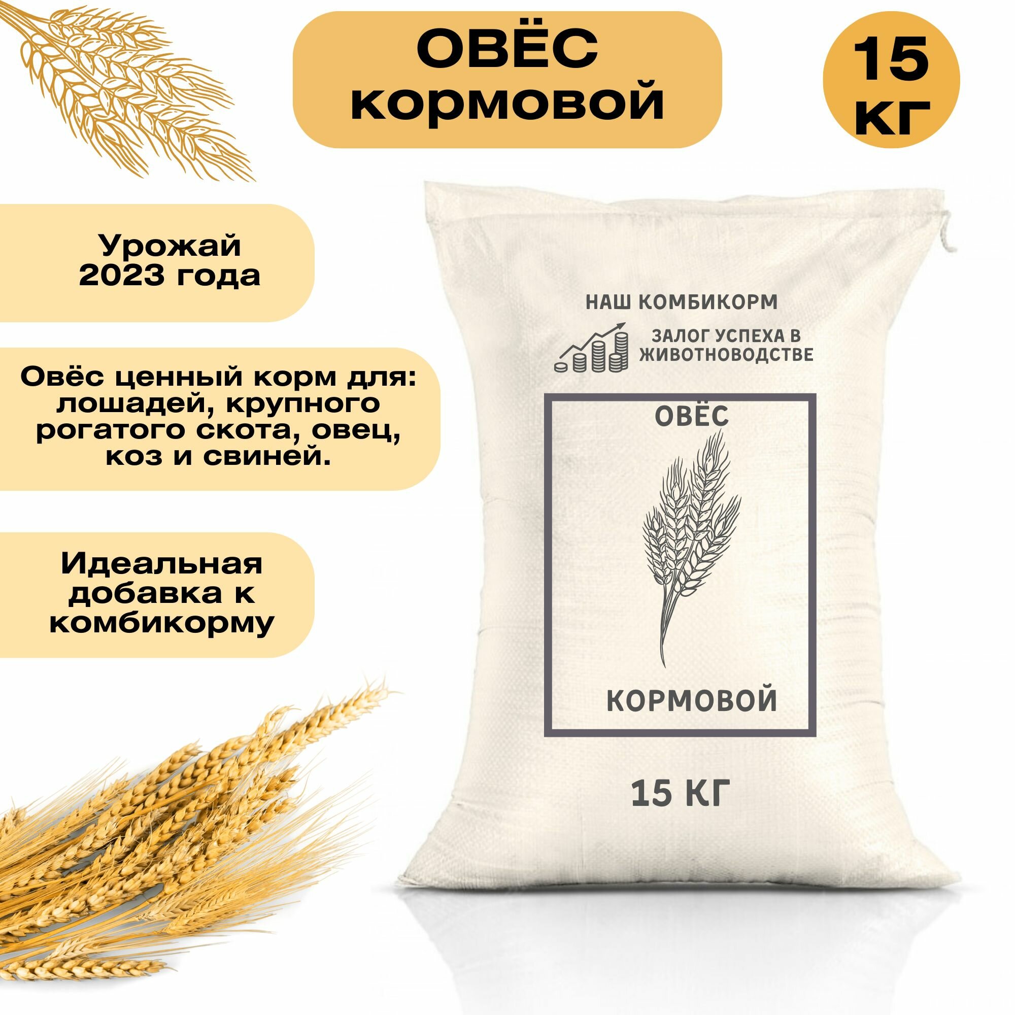 Овес кормовой 15 кг. Незаменимый продукт для кормления лошадей, крупного рогатого скота, овец и свиней. Отборные сорта зерновых культур