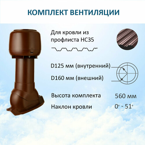 Комплект вентиляции: Колпак D160, вент. выход утепленный высотой Н-500, для кровельного профнастила 35мм, коричневый