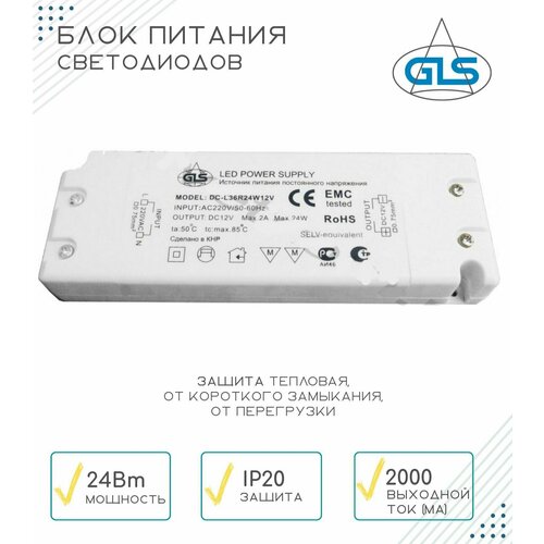 Источник питания в пластмассовом закрытом корпусе GLS,12V,24W , IP20