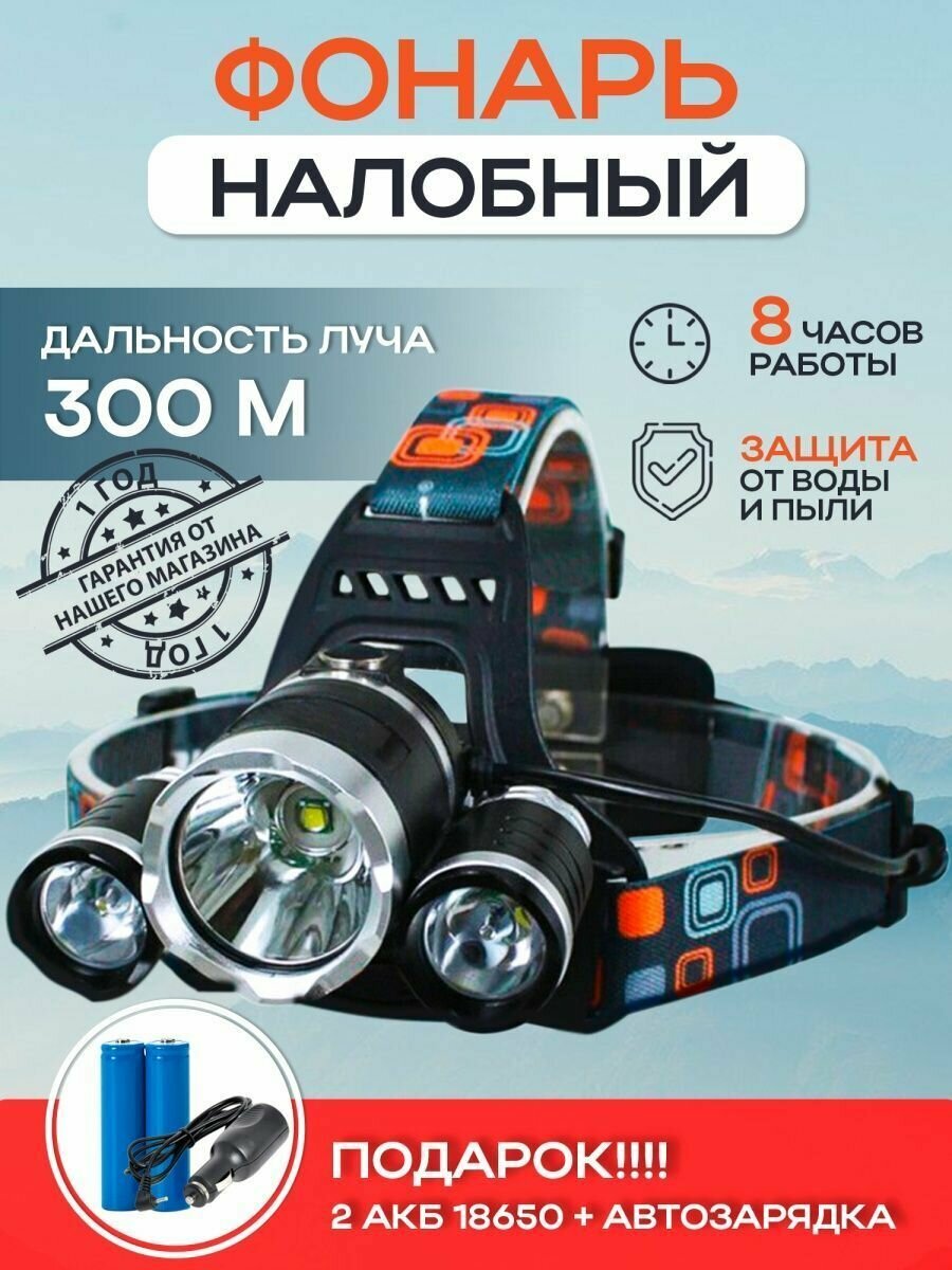 фото Фонарь налобный светодиодный аккумуляторный. 4 режима. Для рыбалки, охоты, отдыха, кемпинга. Мощный фонарик с аккумулятором 18650