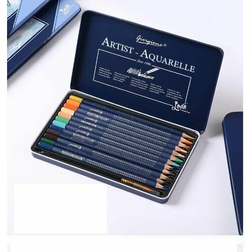 Карандаши цветные 12 цветов Giorgione для рисования, деревянные, профессиональные для художников и начинающих, заточенные в металлической коробке , в наборе