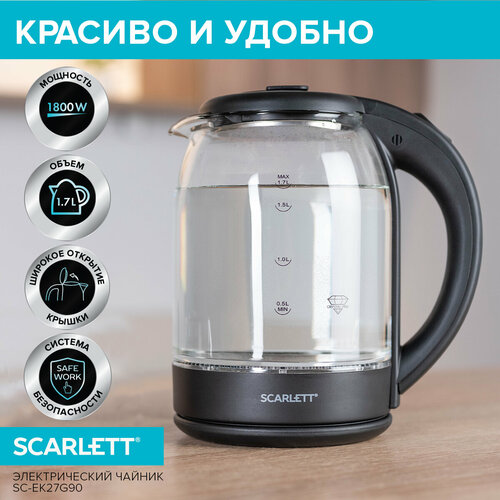 комплект 5 штук чайник электрический scarlett sc ek27g90 стекло 1800вт 1 7л черный Чайник Scarlett SC-EK27G90, прозрачный
