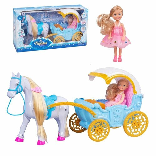 Карета 19,5 см с лошадью 18,5 см и куклой 14 см, детская игрушка со светом и музыкой, на батарейках 686-794
