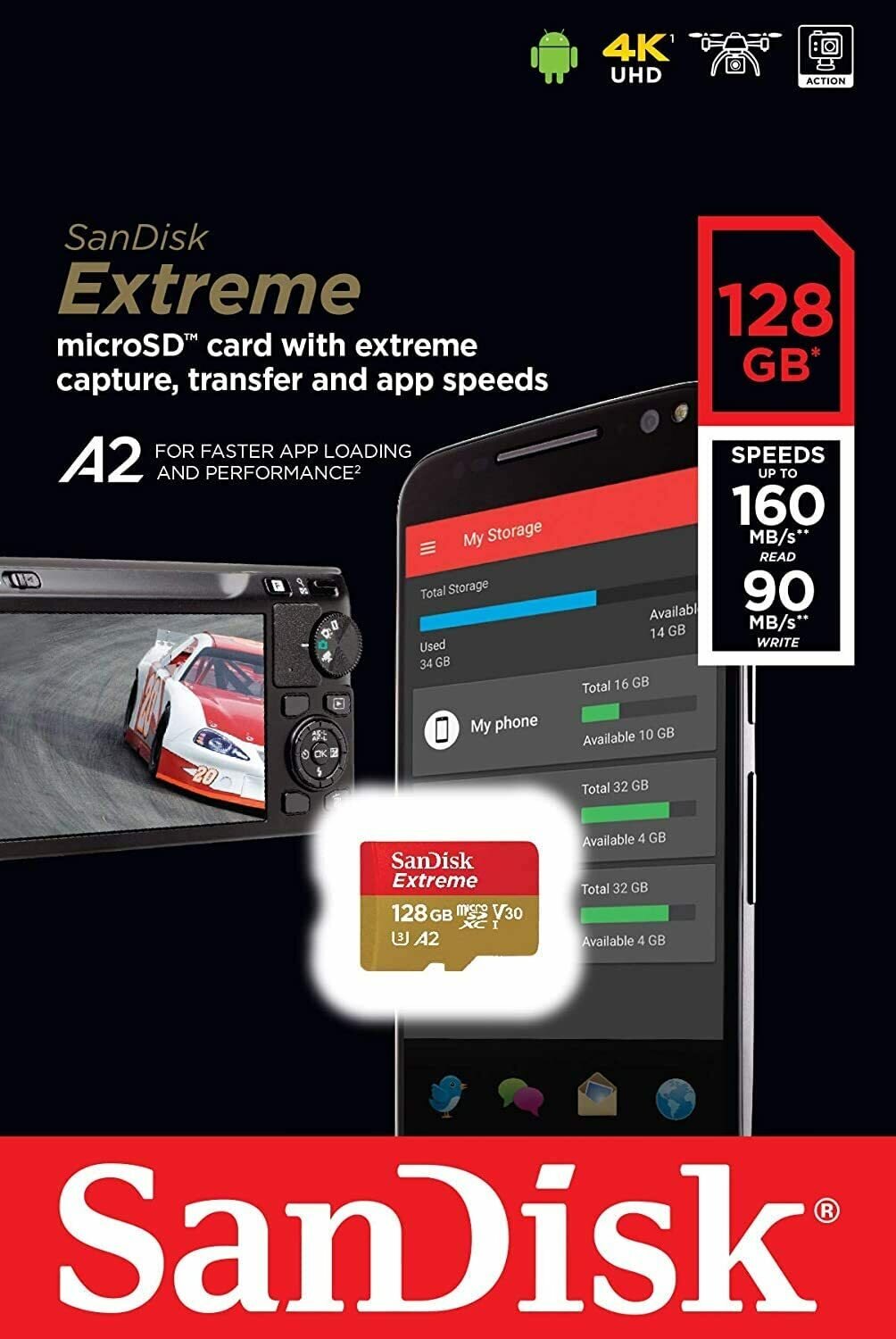 Карта памяти SanDisk Extreme microSDXC 128GB UHS-I U3 V30 A2, R/W 160/90 МБ/с