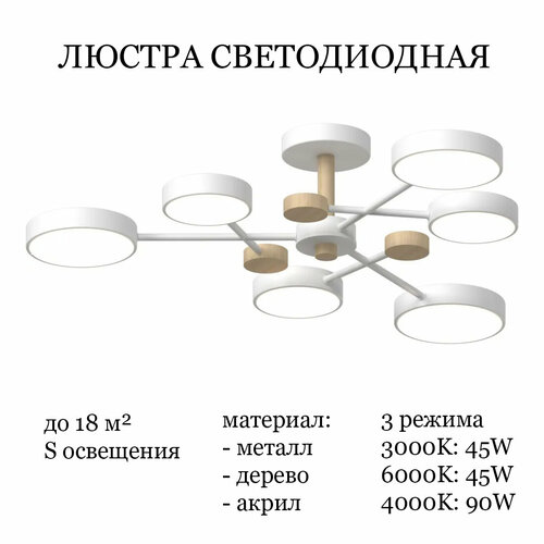 Люстра светодиодная потолочная JUPITER LIGHTING, светильник LED белый WH+WOOD