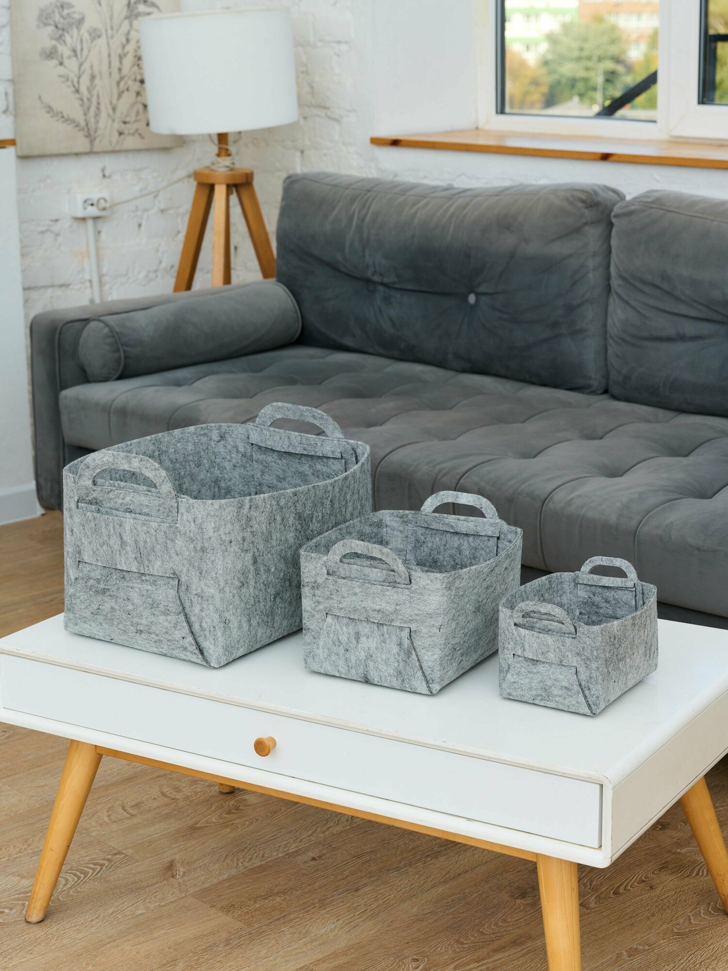 фото Корзина органайзер для хранения игрушек и мелочей из Войлока набор 3 шт размеров S, M, L кофр коробка для хранения вещей