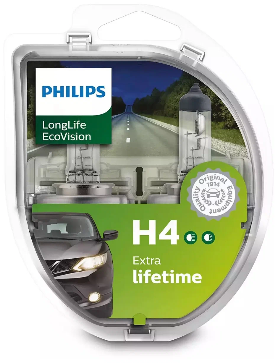 Лампа автомобильная галогенная Philips LongLife EcoVision 12342LLECOS2 H4 12V 60/55W P43t-38 3100K 2 шт.