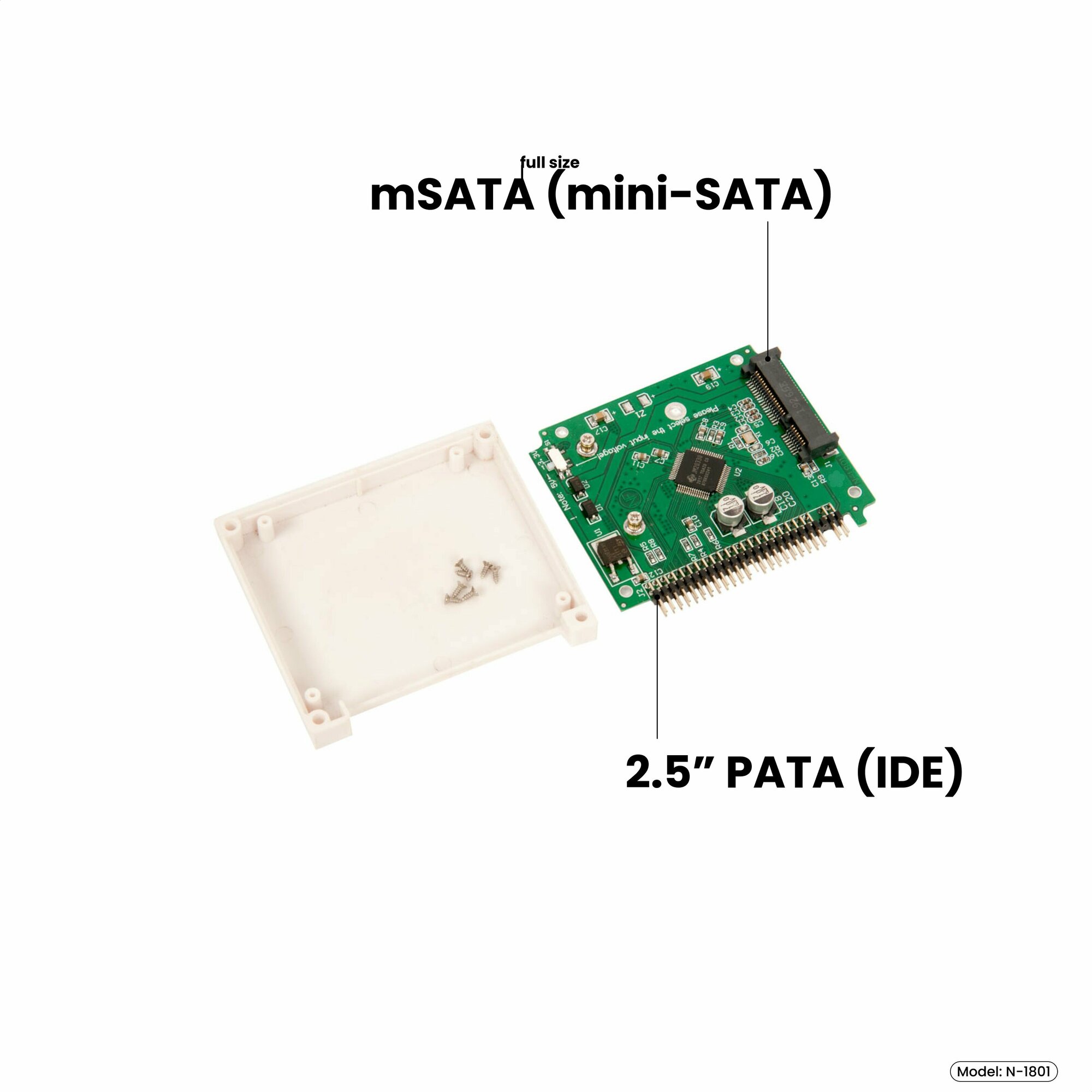 Адаптер-переходник компактный для установки SSD mSATA (mini-SATA) в пластиковый корпус (бокс) 2.5" PATA (Parralel ATA, ATA, IDE), белый