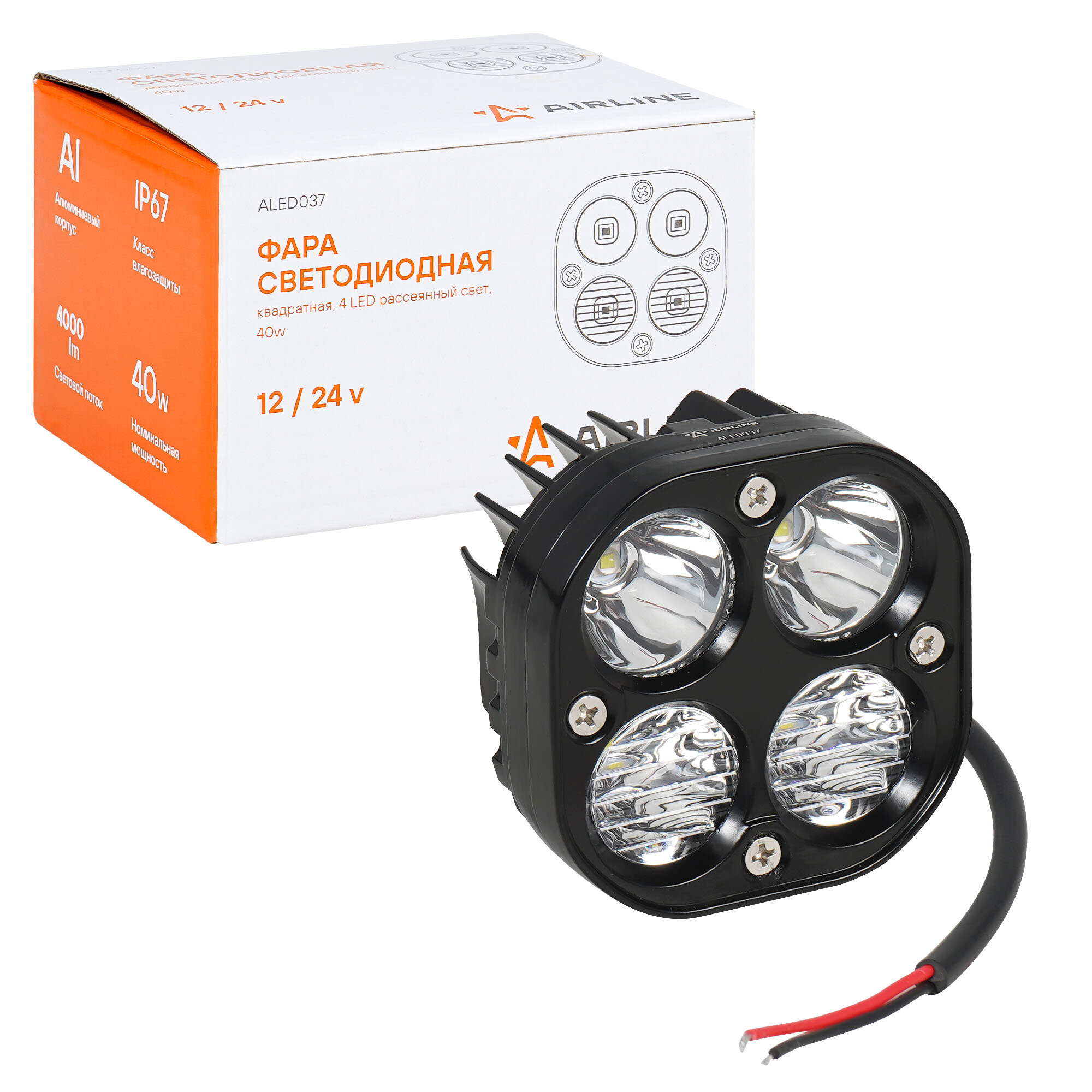 Фара светодиодная квадратная 4 LED рассеянный свет 40W (78х78х50) 12/24V ALED037 AIRLINE