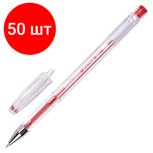 Комплект 50 шт, Ручка гелевая BRAUBERG EXTRA, красная, корпус прозрачный, узел 0.5 мм, линия 0.35 мм, 143903