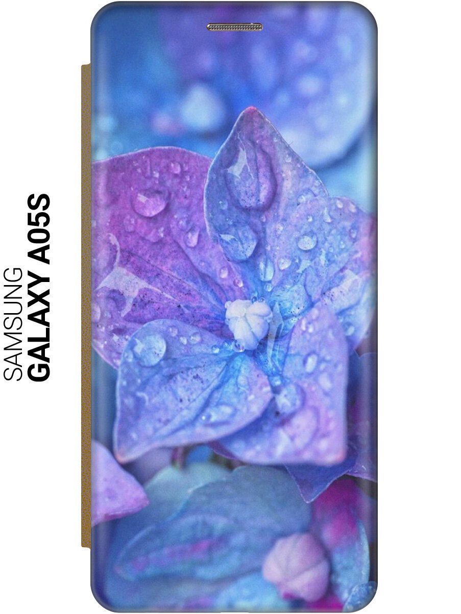 Чехол-книжка на Samsung Galaxy A05s / Самсунг А05с с рисунком "Голубой цветочек" золотистый
