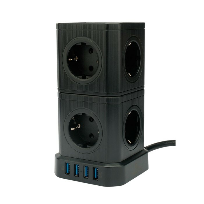 фото Cablexpert Сетевой фильтр Cablexpert Tower TWR-9-U4-B-2, 9р, 16А, 4хUSB, 3.1А, 2м, ур. защиты 4+, черный 1030905