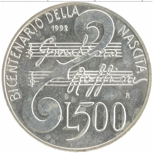 Клуб Нумизмат Монета 500 лир Италии 1992 года Серебро 200 лет со дня рождения Джоаккино Россини