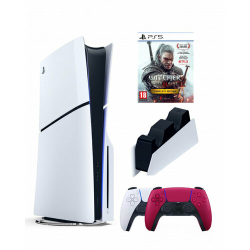 Приставка Sony Playstation 5 slim 1 Tb+2-ой геймпад(красный)+зарядное+Ведьмак 3