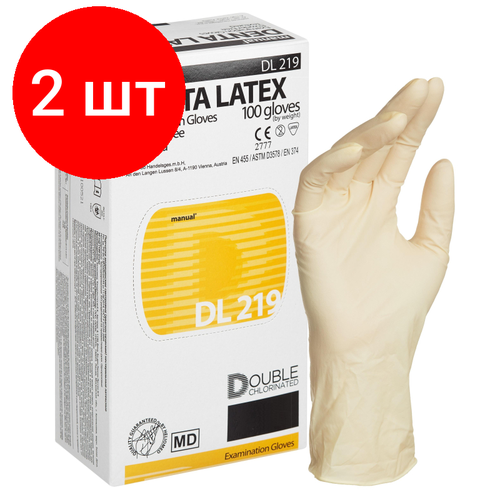 Комплект 2 упаковок, Мед. смотров. перчатки латекс, н/с, н/о, 2-хлор, MANUAL DL219 (L) 50 пар/уп