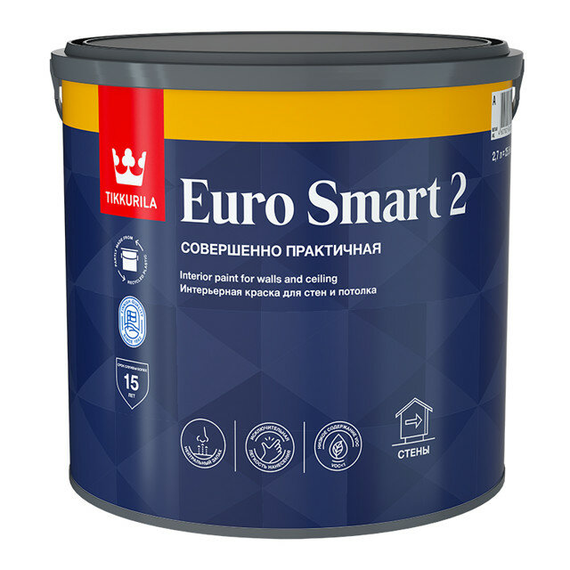 Краска акриловая tikkurila euro smart 2 база a для стен и потолков 2,7л белая, арт.700001103