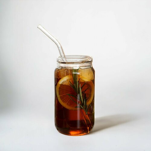 Стакан Банка 400 мл с крышкой и стеклянной трубочкой 973₽