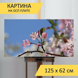 Картина на ОСП 125х62 см. "Яблони, китайское цветущее яблоко, цветы" горизонтальная, для интерьера, с креплениями