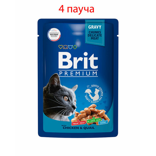 Пауч Brit Premium для взрослых кошек цыпленок и перепелка в соусе 85гр, 4шт kitekat полнорационный влажный корм для кошек с ягнёнком кусочки в соусе в паучах 85 г