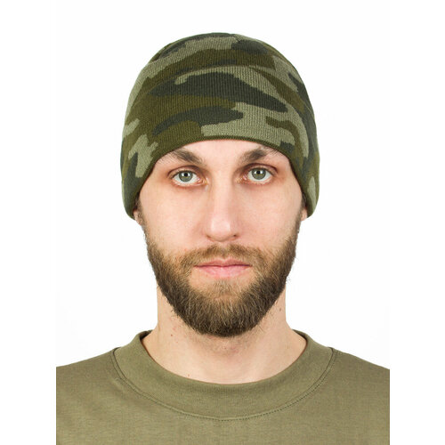 фото Шапка бини kamukamu шапка трикотажная с отворотом цвет дуб зеленый, размер 57/59, зеленый