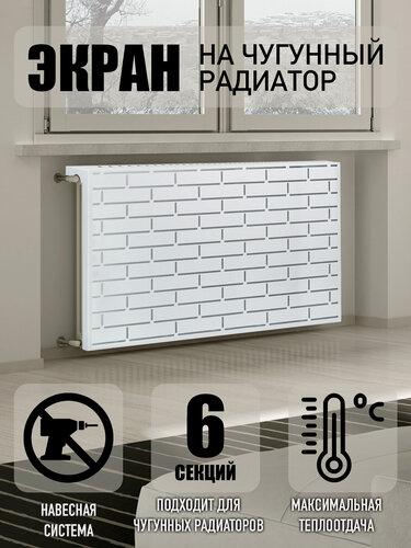 Изображение товара Экран на чугунную батарею, металл 1 мм, белый, перфорированный, накладной, 54х60x15 см